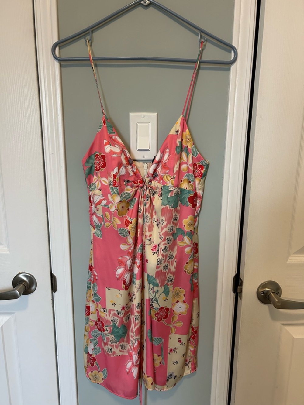 Zara Pink & Cream Floral Satin Slip Dress with Tie Front